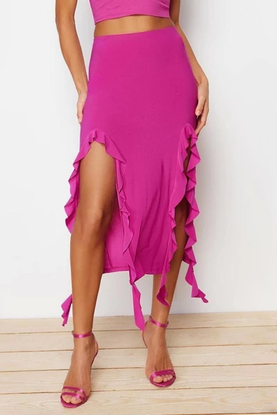 Moda Regular Düz Desen Günlük Midi Boy Yırtmaç ve Fırfır Detaylı Maxi Etek - Resim 2