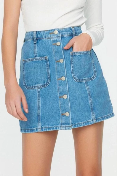 Moda A-line Düz Desen Günlük Mini Boy Dikiş Detaylı Denim Etek - 3