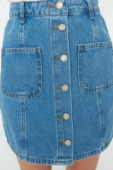 Moda A-line Düz Desen Günlük Mini Boy Dikiş Detaylı Denim Etek