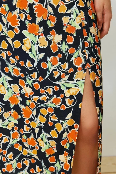 Moda Regular Çiçekli Desen Günlük Midi Boy Viskon Kumaş Yırtmaçlı Midi Dokuma Etek - 6