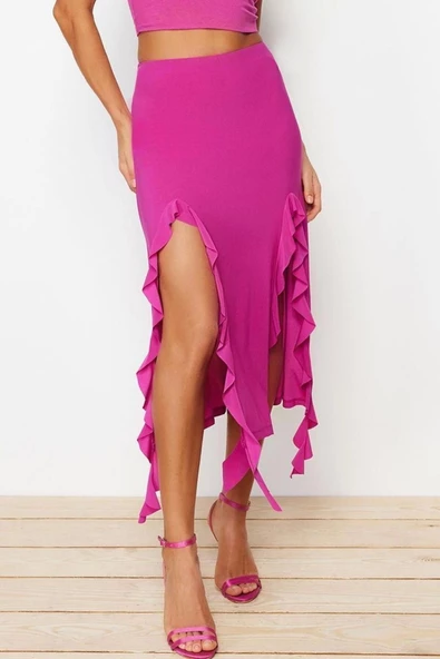 Moda Regular Düz Desen Günlük Midi Boy Yırtmaç ve Fırfır Detaylı Maxi Etek - Resim 4