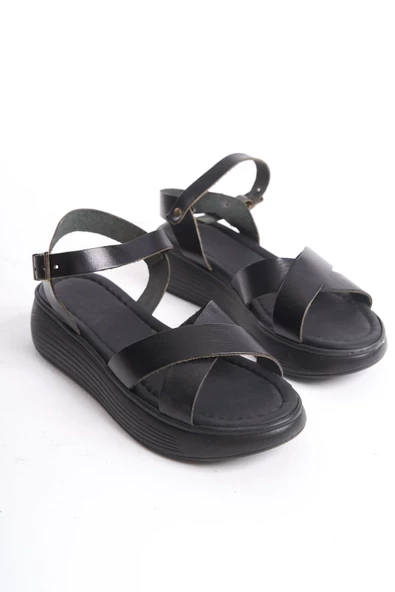 Kadın Hakiki Deri Bilekten Bağlamalı Topuksuz Rahat Taban Sandalet - 4