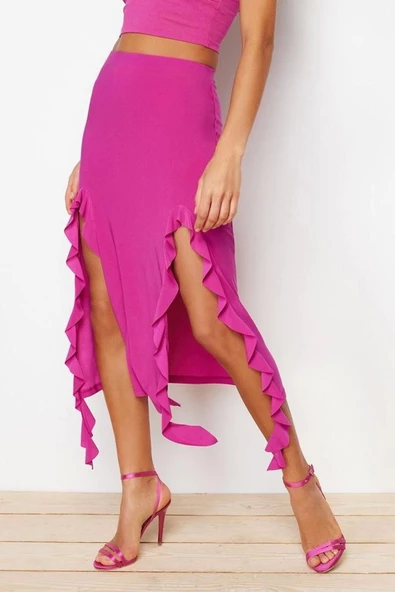 Moda Regular Düz Desen Günlük Midi Boy Yırtmaç ve Fırfır Detaylı Maxi Etek - Resim 3