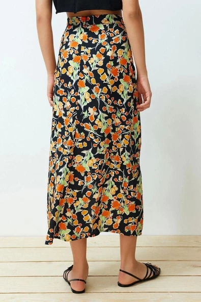 Moda Regular Çiçekli Desen Günlük Midi Boy Viskon Kumaş Yırtmaçlı Midi Dokuma Etek - 2