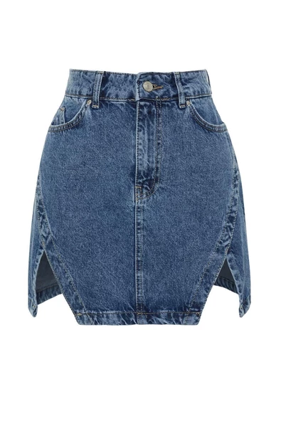 Moda Denim Düz Desen Günlük Mini Boy Limited Edition Yırtmaçlı Mini Denim Etek