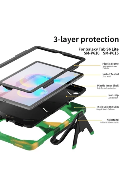 Samsung Galaxy P610 S6 Lite 10.4 Inctablet Kılıfı Kalemlikli Defender Tank Silikon Yüksek Koruma  kamuflaj - 5