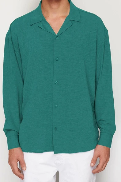 Moda Erkek Apaş Yaka Düz Desen Şık Gece Oversize Fit Apaş Yaka Yazlık Keten Görünümlü Gömlek