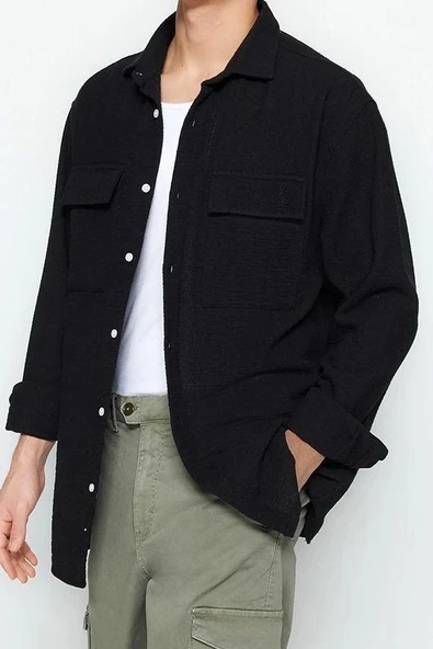 Moda Erkek Gömlek Yaka Dokulu Desen Günlük Oversize Fit Keten Dokulu Gömlek - Resim 4