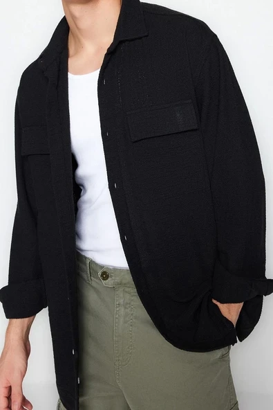 Moda Erkek Gömlek Yaka Dokulu Desen Günlük Oversize Fit Keten Dokulu Gömlek - Resim 3