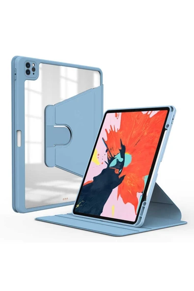 Apple Ipad Pro 4. Nesil M2 Çip 2022 11 Inç Tablet Uyumlu 360 Dönebilen Kalem Bölmeli Standlı Kılıf  Mavi Açık