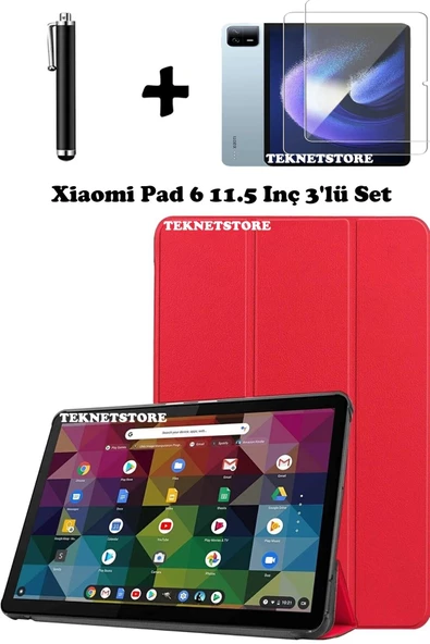 Xiaomi Pad 6 11 Inç 2023 Uyumlu Flip Smart Standlı Uyku Modlu Tablet Kılıfı + Ekran Koruyucu + Kalem  KIRMIZI