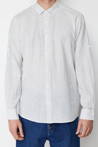 Moda Erkek Gömlek Yaka Çizgili Desen Günlük Regular Fit Keten Karışımlı Çizgili Gömlek