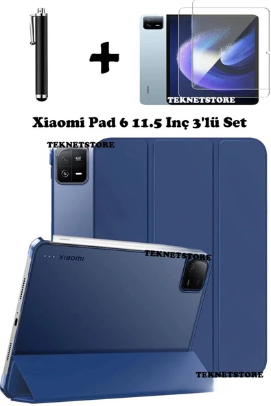 Xiaomi Pad 6 11 Inç 2023 Uyumlu Flip Smart Standlı Uyku Modlu Tablet Kılıfı + Ekran Koruyucu + Kalem  LACİVERT