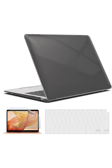 Macbook Air 13 Inç M1 Çip A2337 Tam Uyumlu Alt Üst Kılıf + Klavye Kılıfı + Ekran Koruyucu Film  SİYAH