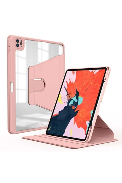 Apple Ipad Pro 4. Nesil M2 Çip 2022 11 Inç Tablet Uyumlu 360 Dönebilen Kalem Bölmeli Standlı Kılıf  Pembe