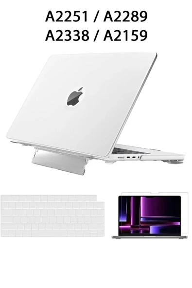 Macbook Pro 13 M1-m2 Çip A2251-a2289-a2338-a2159 Uyumlu Standlı Kılıf + Klavye Kılıfı Ekran Koruyucu  Şeffaf