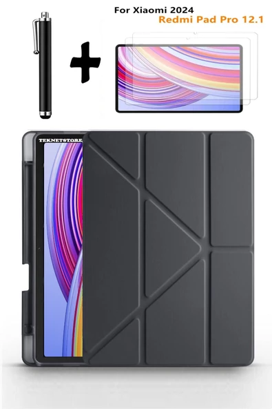 Xiaomi Redmi Pad Pro 12.1 Uyumlu Kalem Bölmeli Standlı Kılıf + Ekran Koruyucu + Kalem 3'lü Set  Siyah