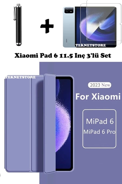 Xiaomi Pad 6 11 Inç 2023 Uyumlu Flip Smart Standlı Uyku Modlu Tablet Kılıfı + Ekran Koruyucu + Kalem  LİLA