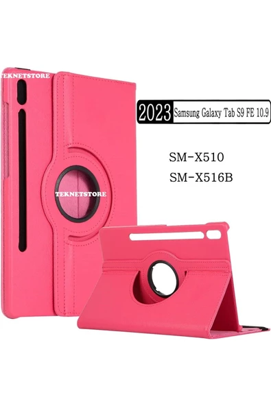 Samsung Galaxy Tab S9 FE 10.9 Inç Tablet Uyumlu Kılıf 360° Dönebilen Deri Leather New Style Case  PEMBE