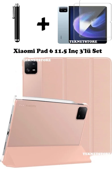 Xiaomi Pad 6 11 Inç 2023 Uyumlu Flip Smart Standlı Uyku Modlu Tablet Kılıfı + Ekran Koruyucu + Kalem  ROSE GOLD