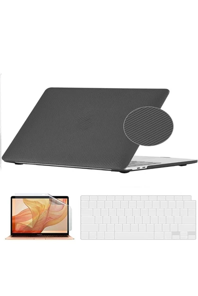Macbook Air 13 Inç M1 Çip A2337 Tam Uyumlu Alt Üst Kılıf + Klavye Kılıfı + Ekran Koruyucu Film  Siyah Karbon