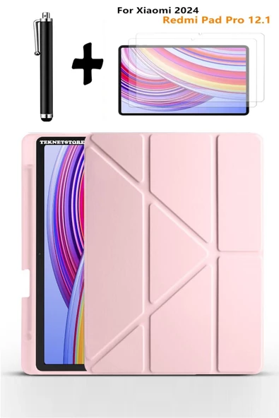 Xiaomi Redmi Pad Pro 12.1 Uyumlu Kalem Bölmeli Standlı Kılıf + Ekran Koruyucu + Kalem 3'lü Set  Pembe