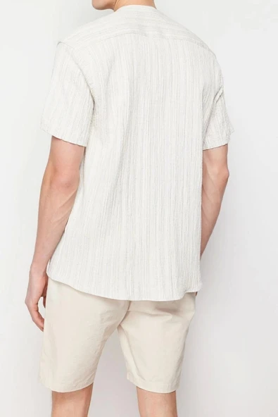Moda Erkek Bisiklet Yaka Düz Desen Günlük Keten İçerikli Oversize Fit Gömlek - 6