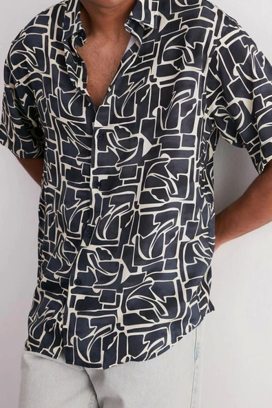 Moda Erkek Apaş Yaka Günlük Oversize Fit %100 Viskon Desenli Kısa Kollu Dökümlü Yazlık Gömlek - 4