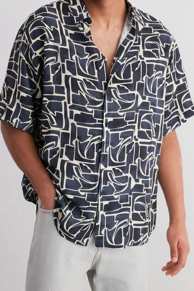 Moda Erkek Apaş Yaka Günlük Oversize Fit %100 Viskon Desenli Kısa Kollu Dökümlü Yazlık Gömlek - 3