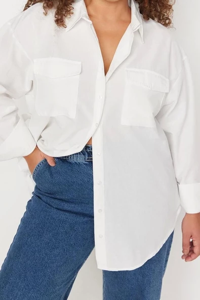 Moda Kadın Büyük Beden Gömlek Yaka Düz Desen Günlük Dokuma Cepli Poplin Gömlek - 3