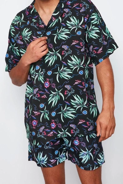 Moda Erkek Apaş Yaka Baskılı Desen Günlük Oversize Fit %100 Viskon Kısa Kollu Dökümlü Yazlık Gömlek - 4