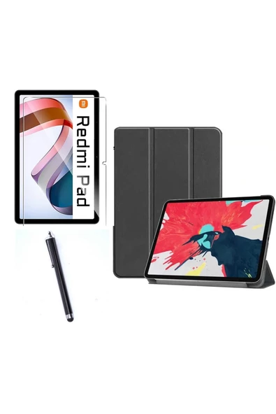 Xiaomi Redmi Pad Uyumlu Standlı Kılıf + Nano Flexible Kırılmaz Ekran Koruyucu + Tablet Kalemi