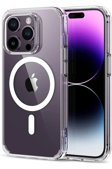 Iphone 14 Pro Max Uyumlu Kılıf Magsafe Wireless Kablosuz Şarj Destekli Şeffaf Darbe Emici Kapak - 2