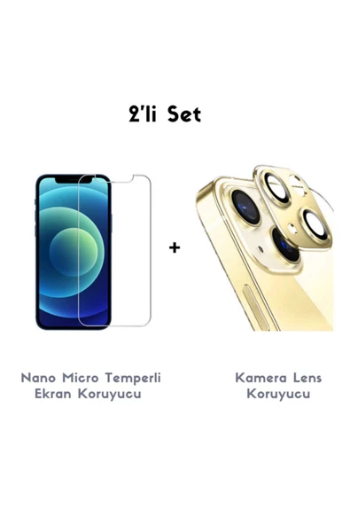 Apple Iphone 13 Uyumlu Nano Micro Temperli Ekran Koruyucu Ve Kamera Lens Koruyucu Gold - 2