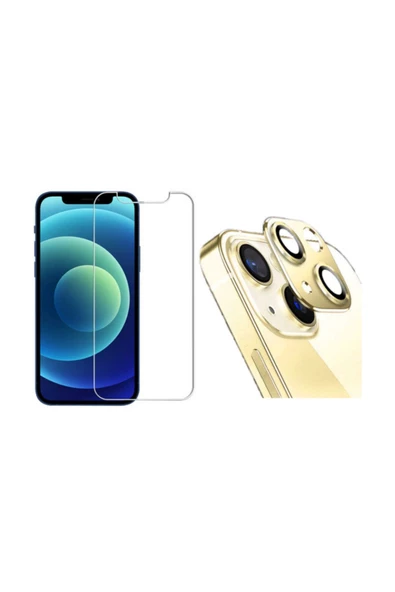 Apple Iphone 13 Uyumlu Nano Micro Temperli Ekran Koruyucu Ve Kamera Lens Koruyucu Gold