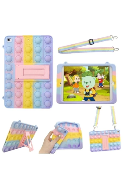 Ipad 10.2 Inç 8. Nesil Uyumlu Kılıf Popit Çocuk Tablet Standlı Askılı Gökkuşağı Renkli Kapak - 2