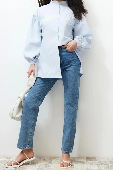 Moda Kadın Tesettür Hakim Yaka Düz Desen Günlük Büzgü Detaylı Pamuklu Basic Dokuma Gömlek - 3