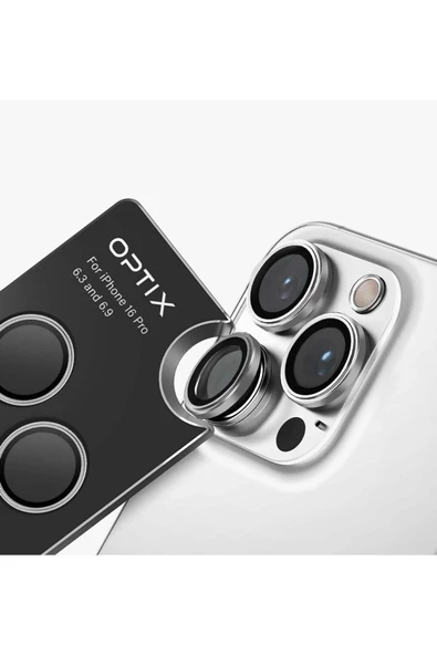 İphone 16 Pro / İphone 16 Pro Max Sapphire Lens Koruyucu Optix Prime Serisi Çelik Çerçeve  Silver - 3