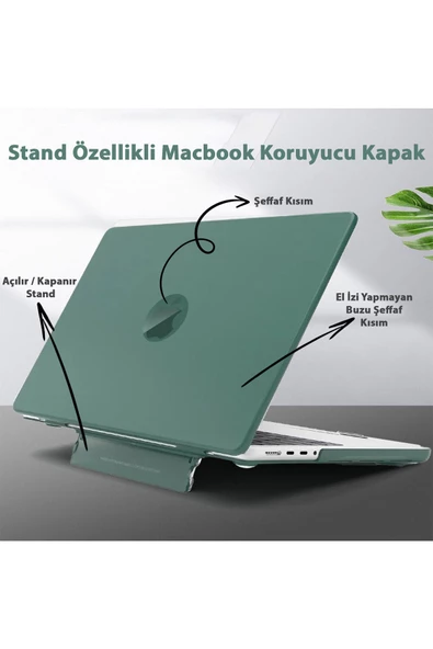 Macbook Air 13.6" M2-m3 Çip 2022/2024 A2681 A3113 Uyumlu Standlı Şeffaf İz Bırakmayan Koruyucu Kapak  Koyu Yeşil