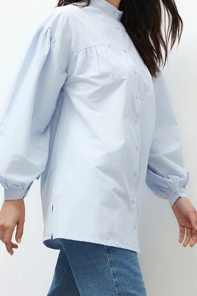 Moda Kadın Tesettür Hakim Yaka Düz Desen Günlük Büzgü Detaylı Pamuklu Basic Dokuma Gömlek - 2