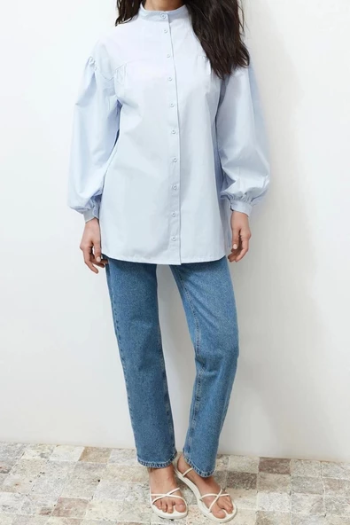 Moda Kadın Tesettür Hakim Yaka Düz Desen Günlük Büzgü Detaylı Pamuklu Basic Dokuma Gömlek - 4