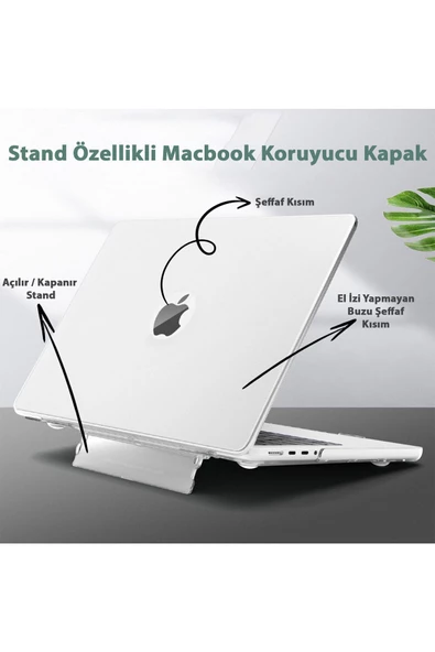 Macbook Air 13" 2020 M1 Çip A2337/a1932/a2179 Uyumlu Standlı Kılıf + Klavye Kılıfı + Ekran Koruyucu  Şeffaf