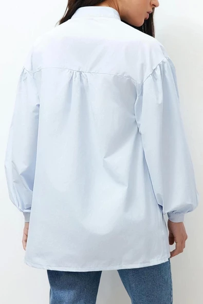 Moda Kadın Tesettür Hakim Yaka Düz Desen Günlük Büzgü Detaylı Pamuklu Basic Dokuma Gömlek - 6