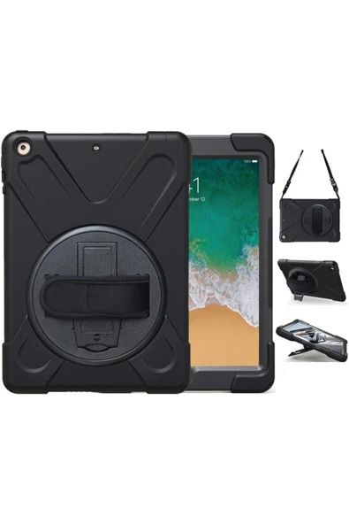 Ipad 5. 6. Nesil 2017 2018 9.7" Inc Uyumlu Kılıfı Kalemlikli Defender Askılı Tank Zırh Silikon Kılıf  Siyah