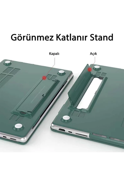 Macbook Air 13.6 M2-m3-m4 Çip 2022/2024/2025 A2681 A3113 A3240 Standlı Kılıf Klavye / Ekran Koruyucu  Yeşil - 6