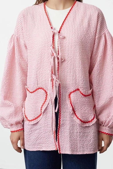 Moda Kadın Tesettür Bisiklet Yaka Ekose Günlük Kalp Cep Detaylı Gofre Dokuma Gömlek - 4