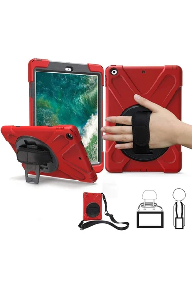 Ipad 5. 6. Nesil 2017 2018 9.7" Inc Uyumlu Kılıfı Kalemlikli Defender Askılı Tank Zırh Silikon Kılıf  Kırmızı - 1