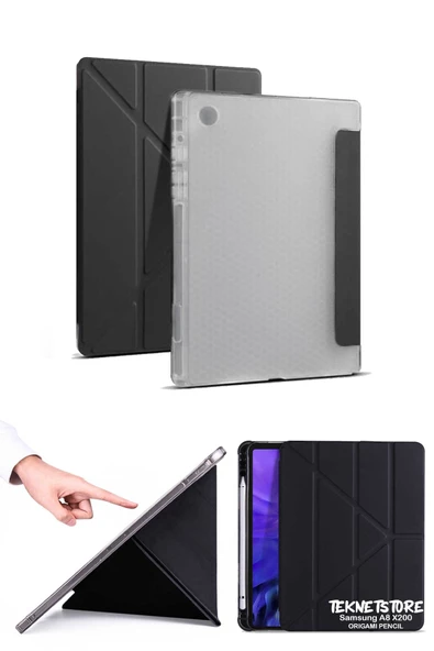 Samsung Galaxy Tab A8 10.5 X200 Uyumlu Origami Kalem Bölmeli Arkası Yumuşak Koruyucu Silikon Kılıf  Siyah