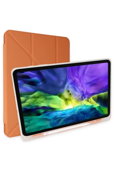 Samsung Galaxy Tab S6 Lite P610 Uyumlu Origami Kalem Bölmeli Trifolding Yumuşak Silikon Kılıf  Turuncu