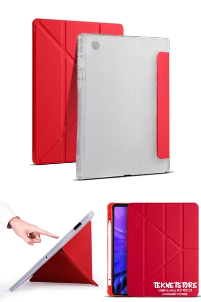 Samsung Galaxy Tab A8 10.5 X200 Uyumlu Origami Kalem Bölmeli Arkası Yumuşak Koruyucu Silikon Kılıf  Kırmızı - Resim 5